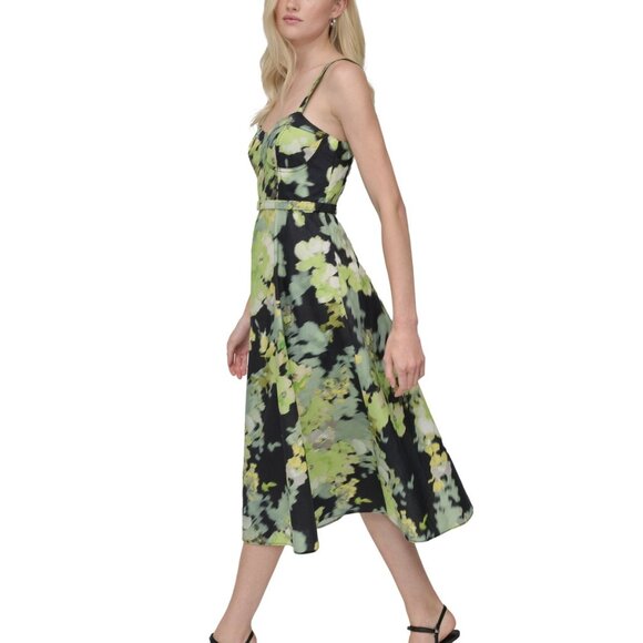 DKNY Vibrant Green and Black Floral Midi Dress - Picture 3 of 6